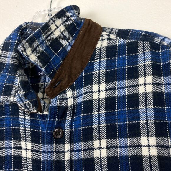 Rainforest Men's Heavyweight Flannel Shirt Size M Blue White Plaid Brown Trim - Picture 4 of 7
